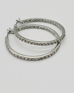 MONET Hoop Pierced Earring Silver tone CRYSTAL accent 1.25 in - Picture 1 of 11