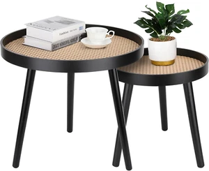 Rattan round Side Table, Black Small End Table, Accent Table, Modern Boho Bedsid - Picture 1 of 7