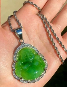 Good luck Green Jade Bling laughing Buddha 14k White Gold Finish Rope Necklace - Picture 1 of 6