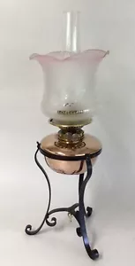 Antique Wright & Butler Oil Lamp Copper & Brass Font Pink Shade Black Iron Base. - Picture 1 of 15