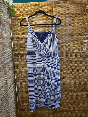 White House Black Market V 领裹身连衣裙 12 码腰带衬里无袖条纹  — 第 1/4 张图片