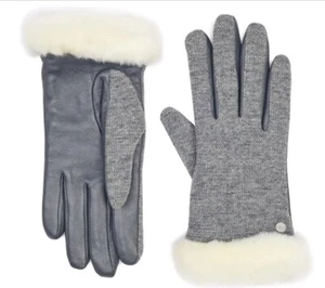 NWT New UGG Australia Shearling Lined Leather Paneled Knit Gloves Grey Large - Picture 1 of 1