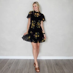 Ex Dorothy Perkins Black Floral Print Chiffon Fit & Flare Dress Size 6 - 22 - Picture 1 of 4