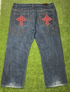 Y2K Vintage Attitude Gold Baggy Embroidered Jeans Skater Size 46 Wings Crosses - Picture 1 of 14