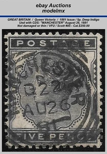 Gran Bretagna - QV, 1881, 5p. SG169, CD - "MANCHESTER 26/ agosto/81", cat. $250,00 - Foto 1 di 2