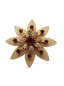 Vintage Gold Tone and Rhinestone Flower Brooch - Picture 1 of 5