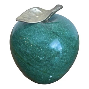 VINTAGE POLISHED APPLE PAPERWEIGHT MARBLE STONE ALABASTER BRASS STEM GREEN - Picture 1 of 8