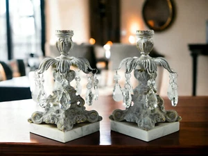 Vintage Set Of 2 Marble based Brass Candle Holders With glass Prisms - Picture 1 of 7