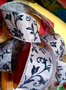 Weihnachten schwarz Samt Arabesque 2,5" x 5 Yard verdrahtetes Band Glitzer Silber Winter - Bild 1 von 5