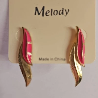 Earrings Stud Dangle Feather Leaf Shape Pink And Gold Tone 1.38" Drop  - Image 1 of 4
