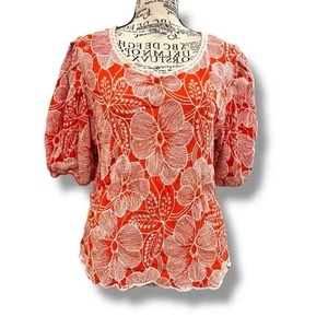 Solitaire Size XL Orange Embroidered Puff Sleeve Blouse Top - Picture 1 of 6