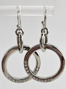 Silver Tone Hoop Drop Dangle Earrings for Pierced Ears – Simulated Diamonds - Picture 1 of 9