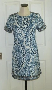 Robert Graham White Blue Fractal Paisley Bronze Bead Trim Mini Dress 4 XS S $398 - Picture 1 of 16