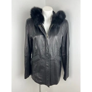 Chaqueta de cuero marrón oscuro Marvin Richards capucha con ribete de piel mediana - Imagen 1 de 8