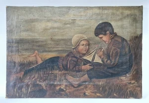 Antigua pintura al óleo de escuela inglesa del siglo XIX - Dos niños junto al mar - Imagen 1 de 8