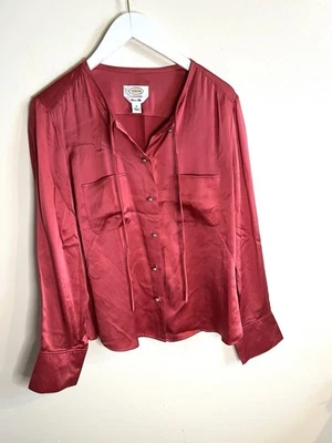 Blusa Talbots Mujer Roja 100% Seda Manga Larga Imitación Perla Botones Talla 12 Foto 1 de 4