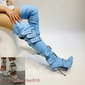 Nuevas Mujeres Denim Metal Remache Hebilla Sandalias Mujeres Sexy Punk Estilo Punta Hueca - Imagen 1 de 35