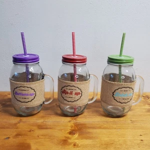 24 Oz. Mason Jar Multi-Color Drinkware Burlap Set - Lot of 3 - Picture 1 of 10