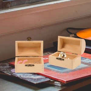 2 Pcs Solid Wood Treasure Chest Storage Box Child Small Hinged Boxes - Picture 1 of 12