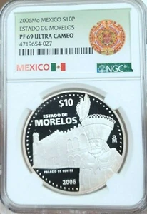 2006 MEXICO SILVER 10 PESOS MORELOS PALACE OF CORTES NGC PF 69 ULTRA CAMEO RARE - Picture 1 of 3