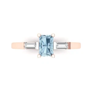 14K Rose Gold Three-Stone Engagement Ring for Women, 0.8 ctw Natural Aquamarine - Picture 1 of 11