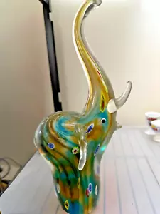 GREEN AND GOLD SWIRL MILIFLORI MURANO GLASS ELEPHANT 12” TALL - Picture 1 of 4