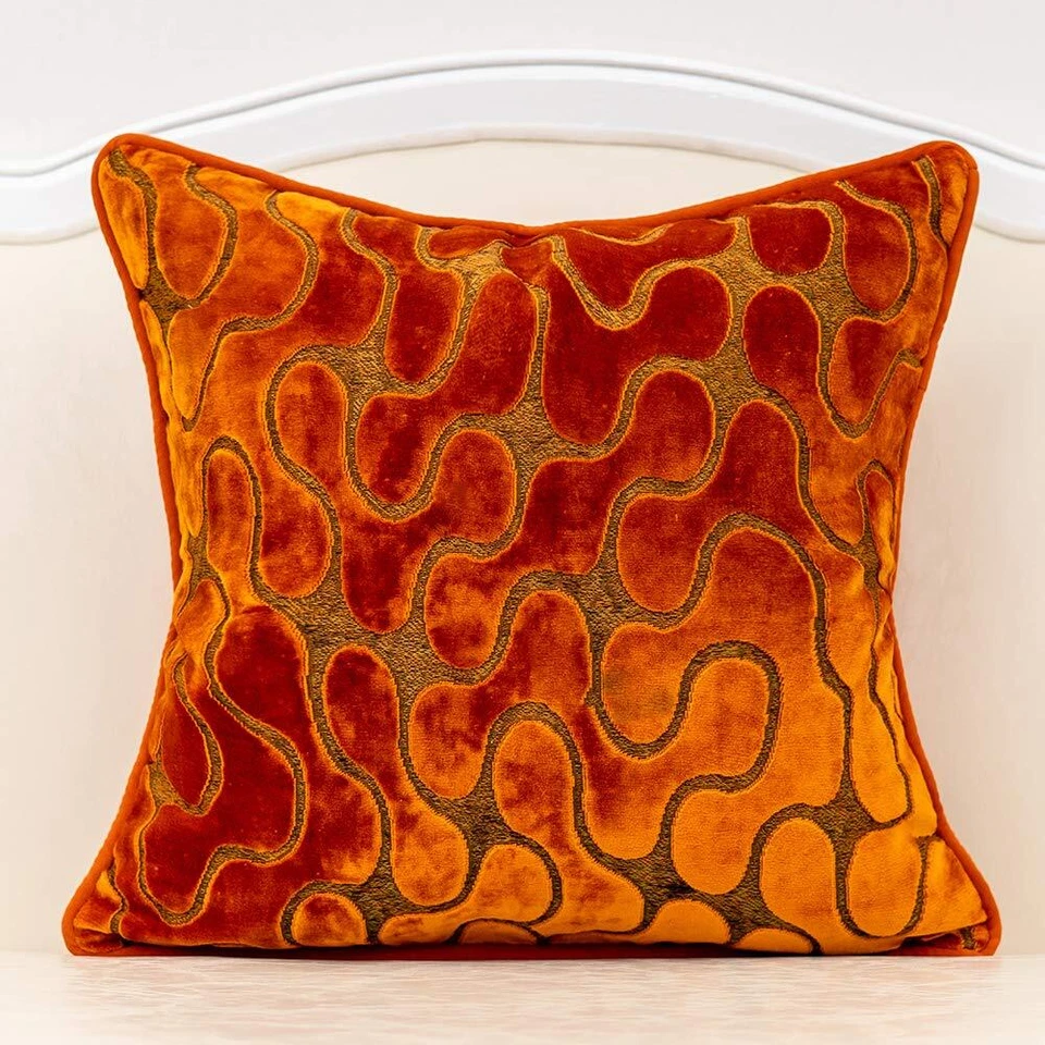 Burnt Orange Velvet Geometric Square Throw Pillow Cover Wavy Line Cushion Case