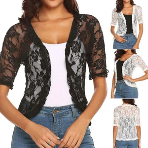 Women Shrug Bolero Half Sleeve Floral Lace Cardigan Open Front Ruffle Tops Mesh - Picture 1 of 6