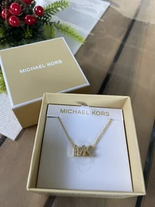 Michael Kors MK Logo Crystals Pendant Gold Tone Necklace Brass NWT - Picture 1 of 8