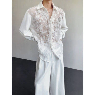 Mens Flower Hollow Lace Pearl Luxury Dress Shirt Long Sleeved Loose Casual Shirt - Image 1 of 4