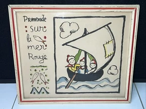 Vintage 3 Sailors In A Sailboat Framed Art Sun La Mer rouge 10 X 9 - Picture 1 of 6