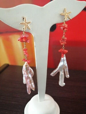 Orecchini Pendenti Donna Perle Argento 925 pietre naturali Corallo rosso - Immagine 1 di 4