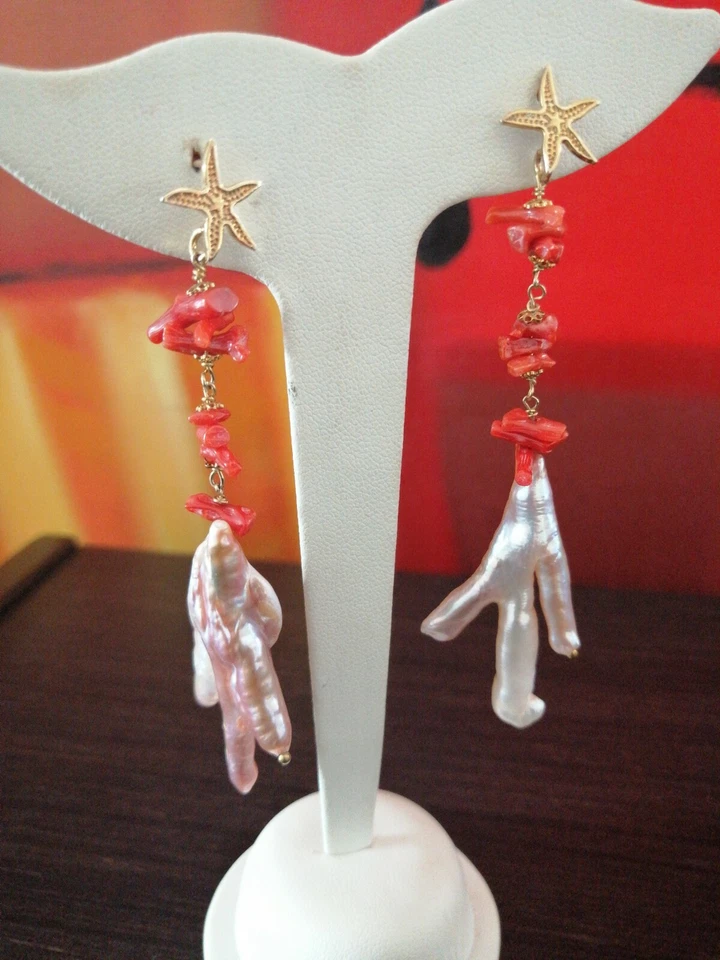 Orecchini Pendenti Donna Perle Argento 925 pietre naturali Corallo rosso - Immagine 1 di 4