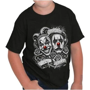 Smile Now Cry Later Clown Jester Drama Masks Youth Crewneck T Shirts Boy or Girl - Picture 1 of 7