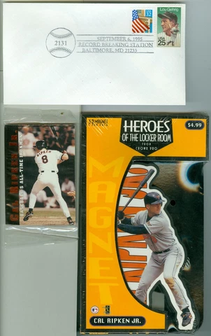 Lot of 3 Cal Ripken Items: 3D Locker Magnet/1996 Card Set/9-6-95 Cachet Envelope Cover