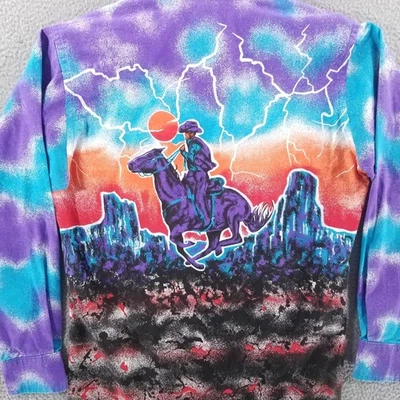 VTG Wrangler Shirt Medium 15.5 Purple Teal Neon Lightning Cowboy Horseback Rodeo - Image 1 of 4