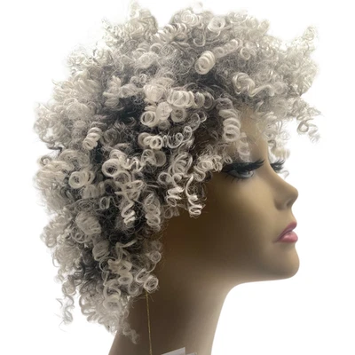 Spiral Curls Afro Wig Human Hair Blend Black Silver White Large Size NWT - Image 1 of 4