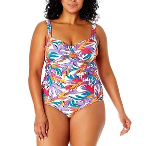 Anne Cole Plus Size Printed Shirred One-Piece Swimsuit In Multi Palm Print - Picture 1 of 7