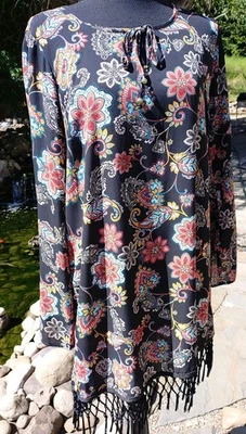 Boho Floral Print Tunic Dress With Fringe Hem Fairycore BeBop XL Black Multicolo - Image 1 of 4