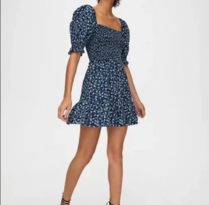 Aritzia Wilfred Angie Prairie Blue Smocked Floral Mini Ruffle Dress Small - Picture 1 of 8
