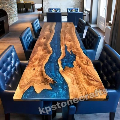 Custom Black Walnut Wood Pearl Blue Epoxy River Dining Table / Sofa Table - Image 1 of 4