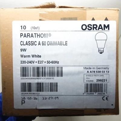 Pack of 10 Osram E27 220-240V 9W Dimmable Warm White Frosted LED Bulb - Image 1 of 2