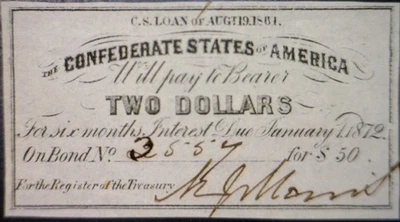 Billete de interés de $2 de la Guerra Civil confederada de 1861 de $50 de fianza BONITO NÍTIDO SIN PRECIO BASE Foto 1 de 2
