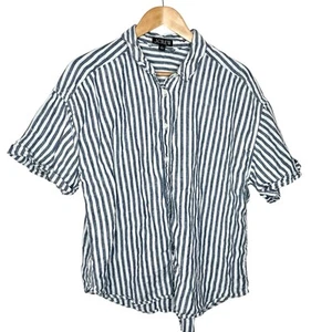 J Crew Gestreiftes Leinen Kurzarm Hemd Blau Weiß Damen L Preppy Maritim - Bild 1 von 8