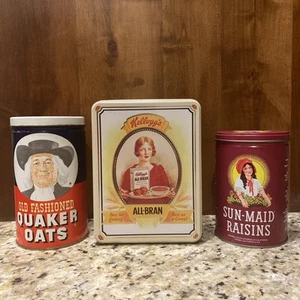 Vtg Lot of 3 Breakfast Tins by~Quaker Oats~Kellogg's~Sun-Maid~Collectible~Empty - Picture 1 of 23