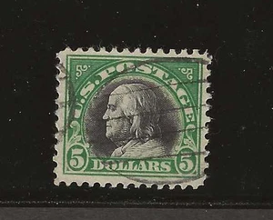 US Scott #524 used $5 green & black Franklin, 1917 perf 11, light cancel, f/vf - Picture 1 of 2