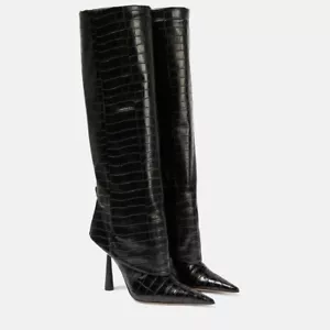 Women's Fashion Pointy Toe Embossed Cuffed High Heel Knee High Boots Shoes - Picture 1 of 15