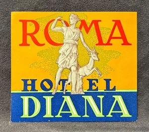 ROME ITALY LUGGAGE LABEL~HOTEL DIANA ROMA~MARBLE STATUE OF DIANA THE HUNTRESS - Picture 1 of 2