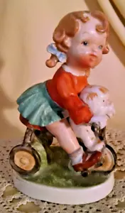 GIRL TRICYCLE DOG FIGURINE VINTAGE ARNART DECAL WORN BROWN HAIR BLUE EYES PUPPY. - Picture 1 of 11