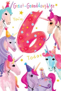 Great Granddaughter 6th Birthday Card Age 6 Unicorns 9" x 6" Lovely Verse - Picture 1 of 2